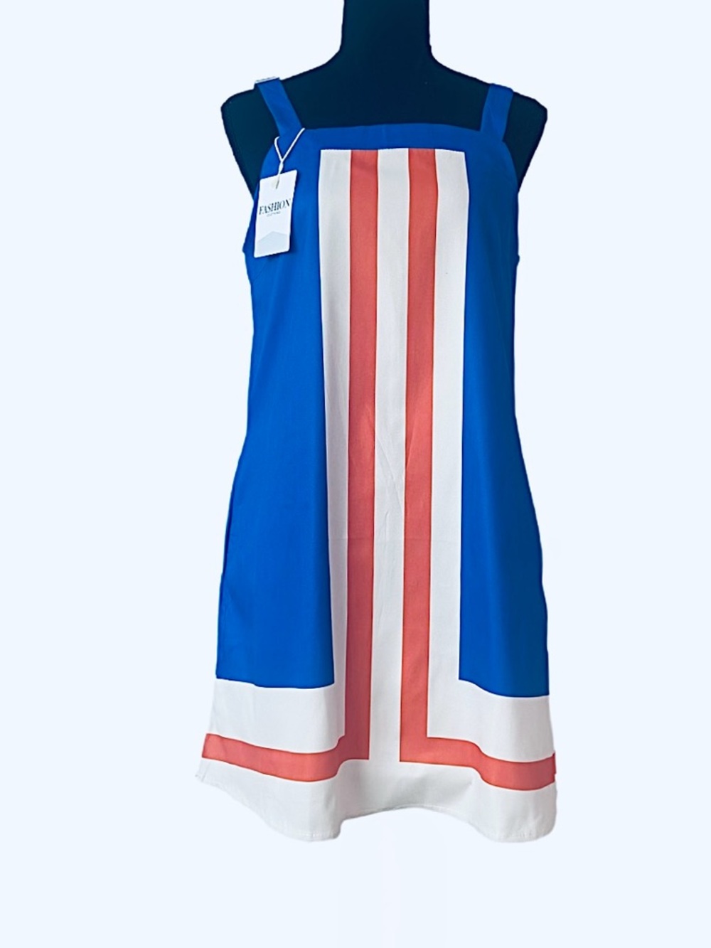 FASHION ~ Royal Blue Shift Colorblock A-Line Dress with Orange and White Stripes